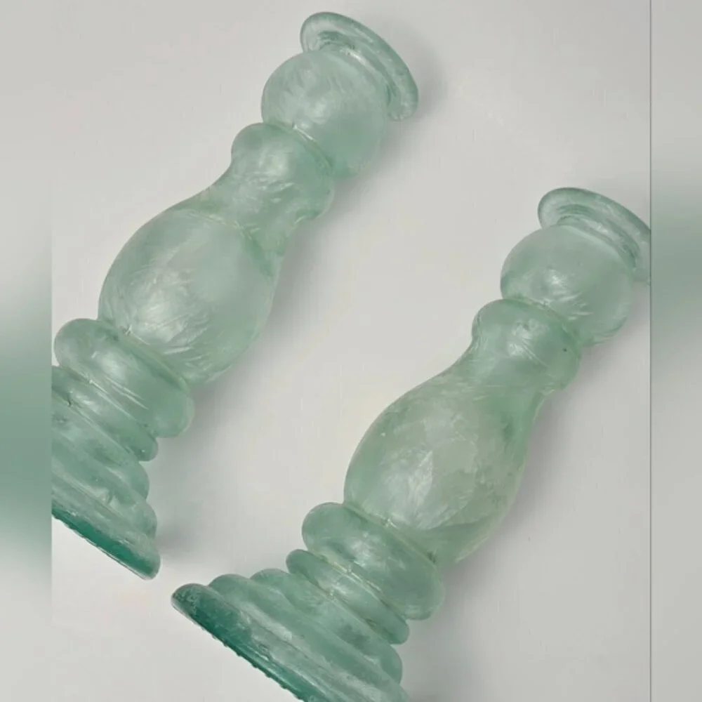 Spanish Recycled Green Glass Candlesticks Set 8” Vintage Style Pair